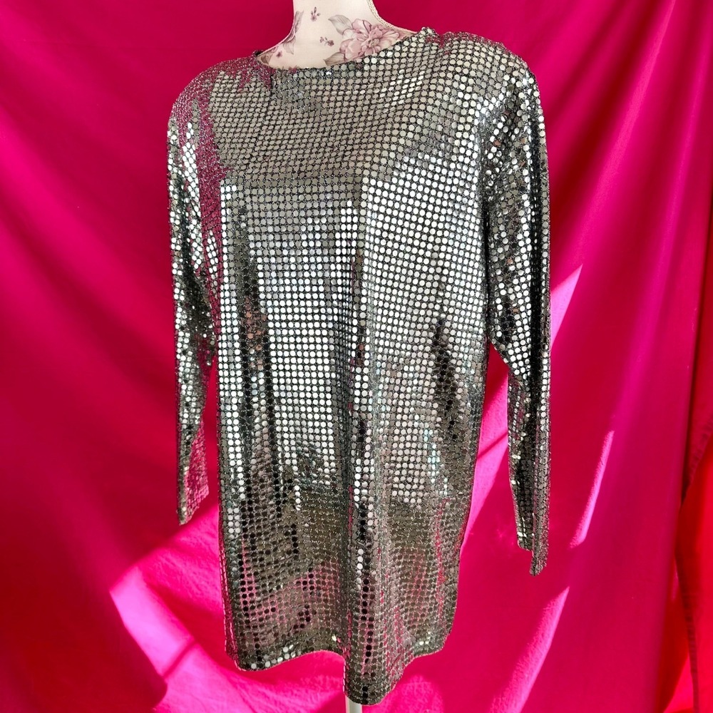 Vintage Silver Metallic Liquid Metal Top Tunic Medium 1980s Disco Party Glam - Picture 7 of 17